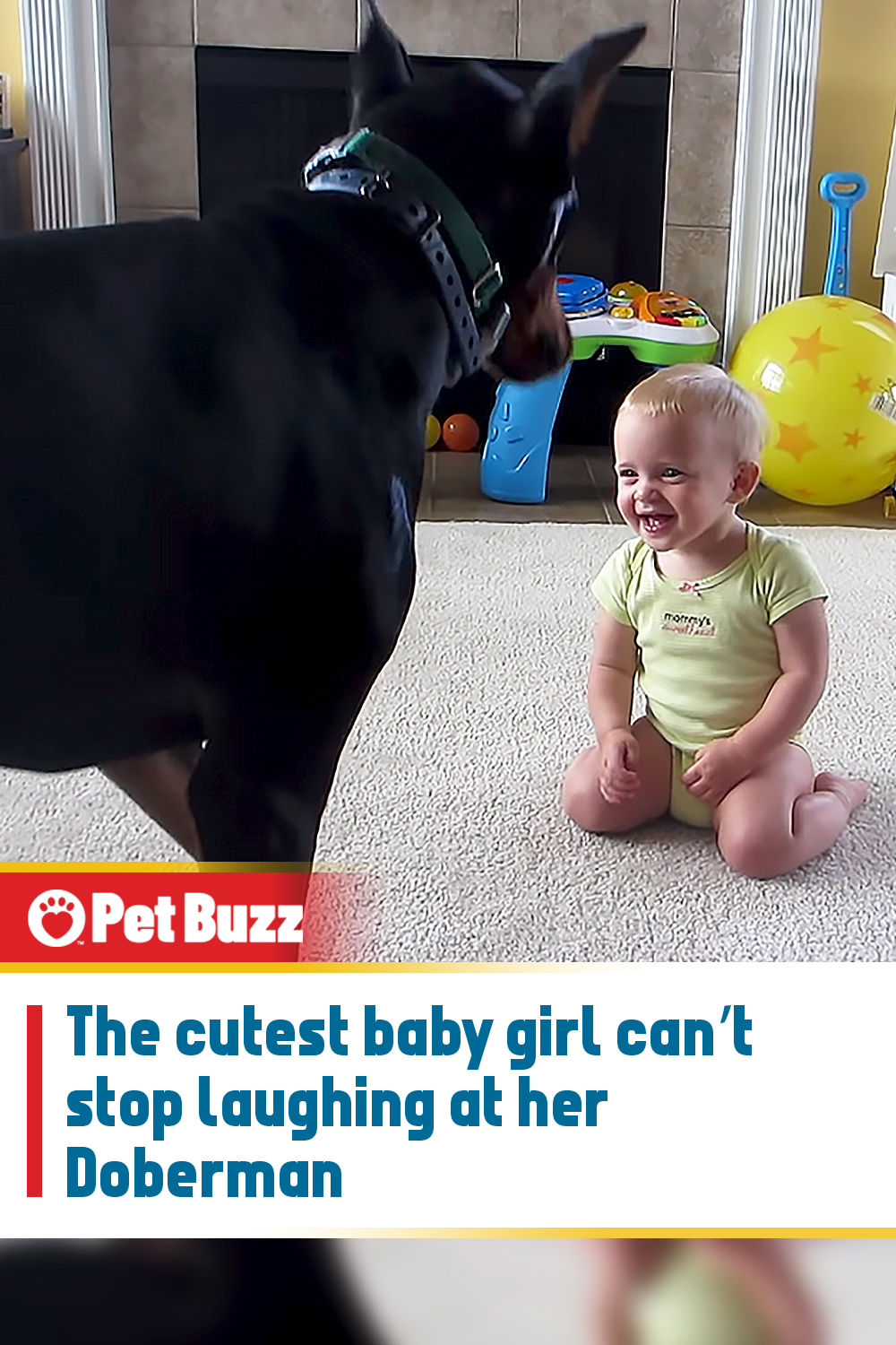 The cutest baby girl can’t stop laughing at her Doberman